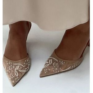 Zara NWT mesh beaded floral embellished embroidered slingback beige nude heels